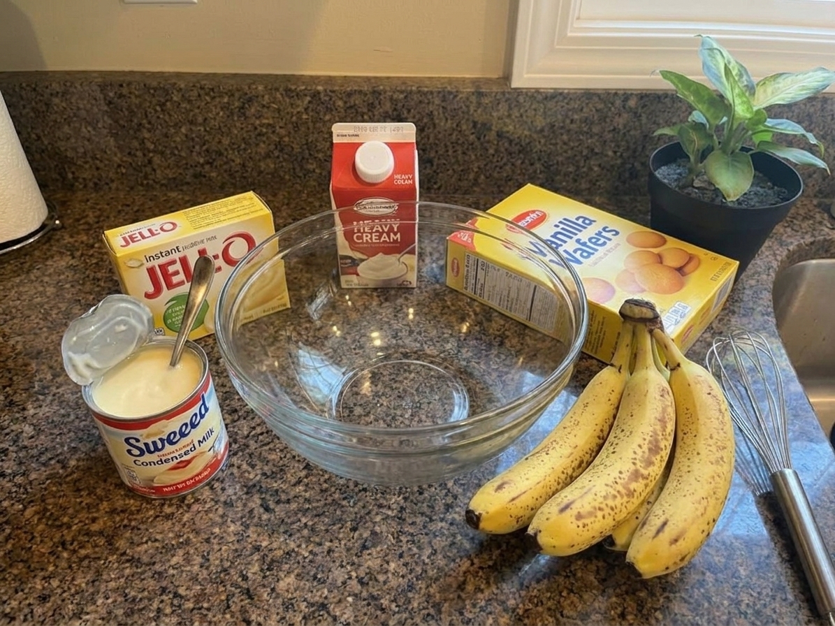 Instant vanilla pudding mix, sweetened condensed milk, heavy cream, vanilla wafers, ripe bananas, and a mixing bowl arranged on a kitchen counter