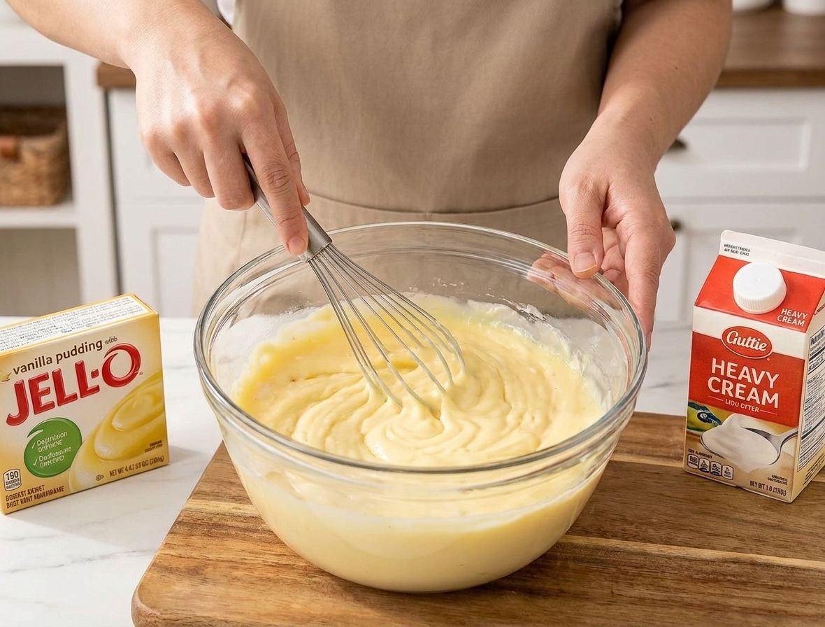 Instant vanilla pudding mixture being whisked in a large bowl until it thickens.