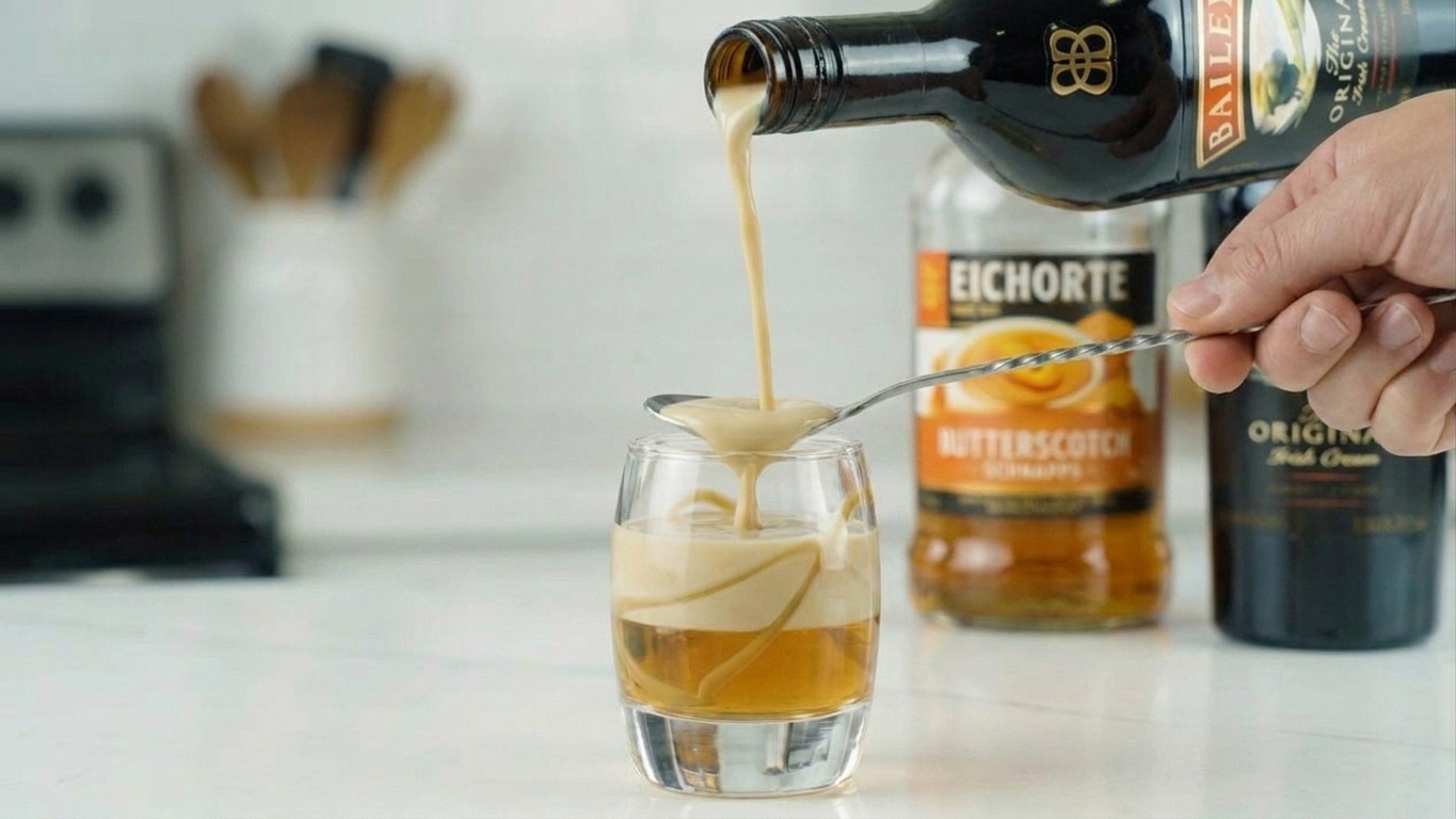 Irish cream liqueur being poured over the back of a spoon to create a creamy top layer in a shot glass
