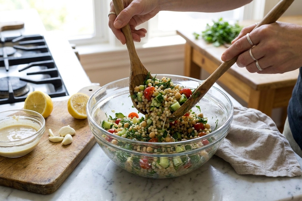 Israeli couscous salad being tossed with cucumbers, tomatoes, chickpeas, herbs, and lemon tahini dressing in a large mixing bowl on a kitchen counter