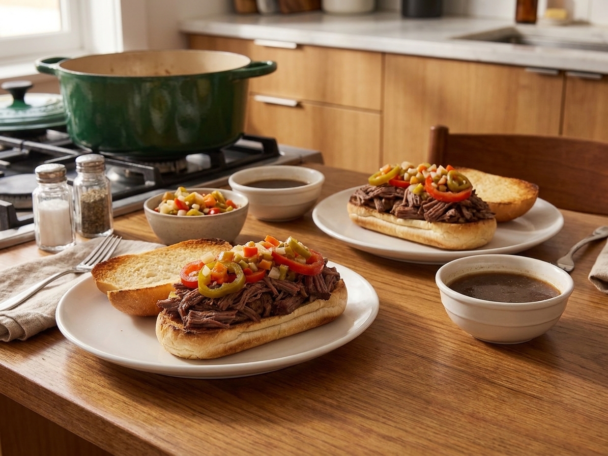 Italian beef sandwiches served on plates with small bowls of jus and a simple family-style table setting in warm kitchen lighting