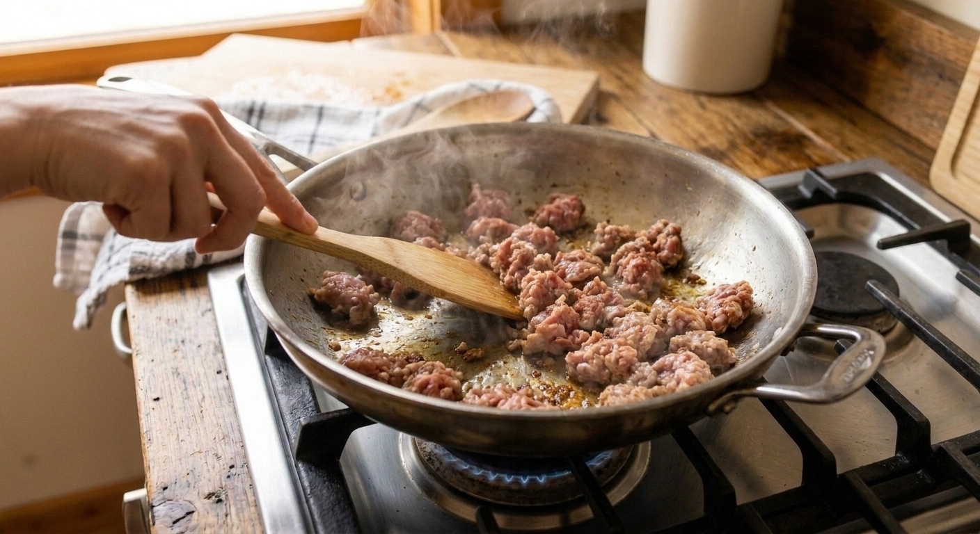 Italian sausage being broken into crumbles with a wooden spoon as it browns in a hot skillet on a stove
