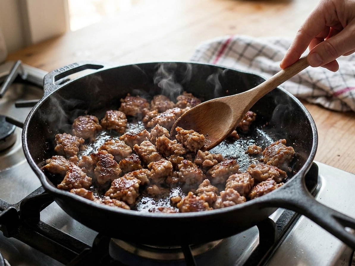 Italian sausage browning in a cast iron skillet with a wooden spoon breaking it into crumbles