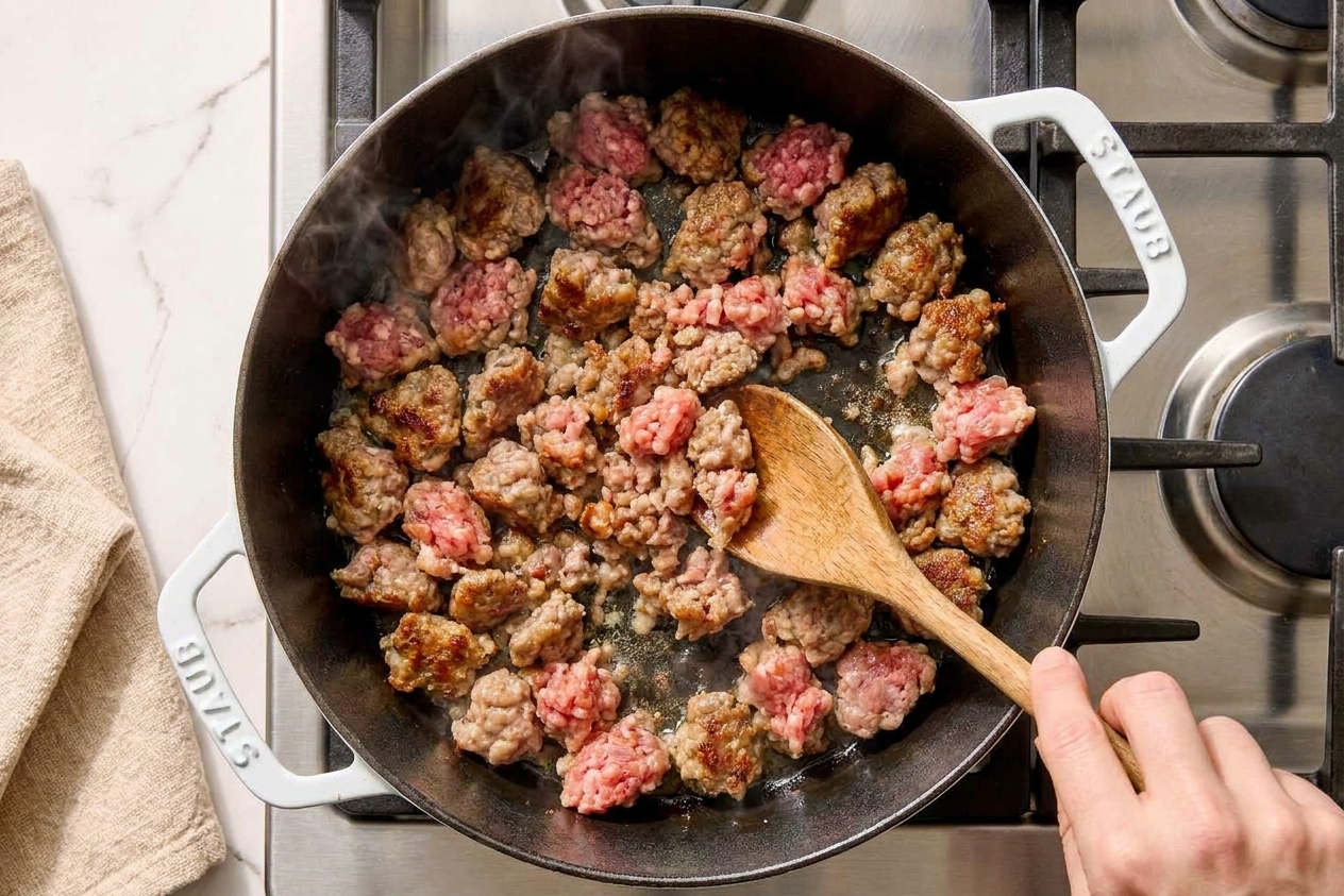 Italian sausage browning in a large pot on the stove while a wooden spoon breaks it into crumbles