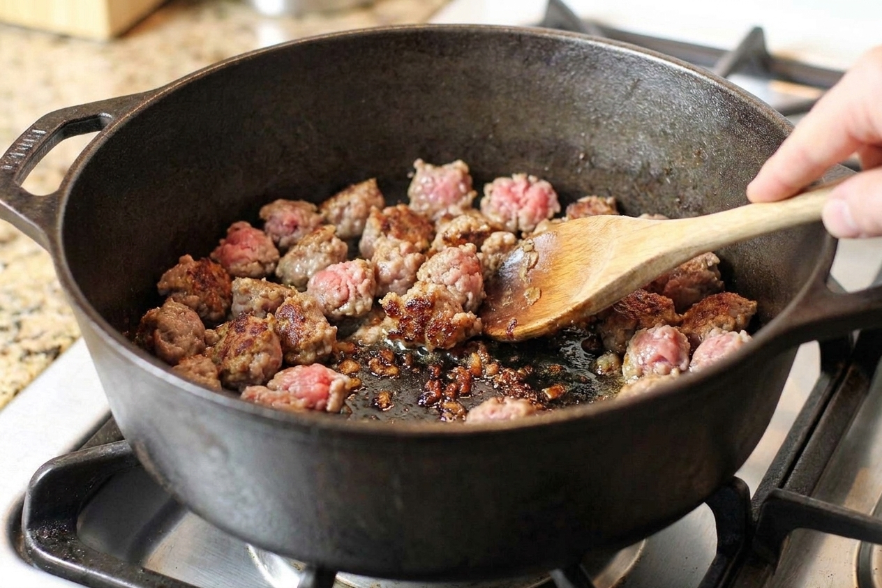 Italian sausage browning in a large pot with small caramelized bits forming on the bottom