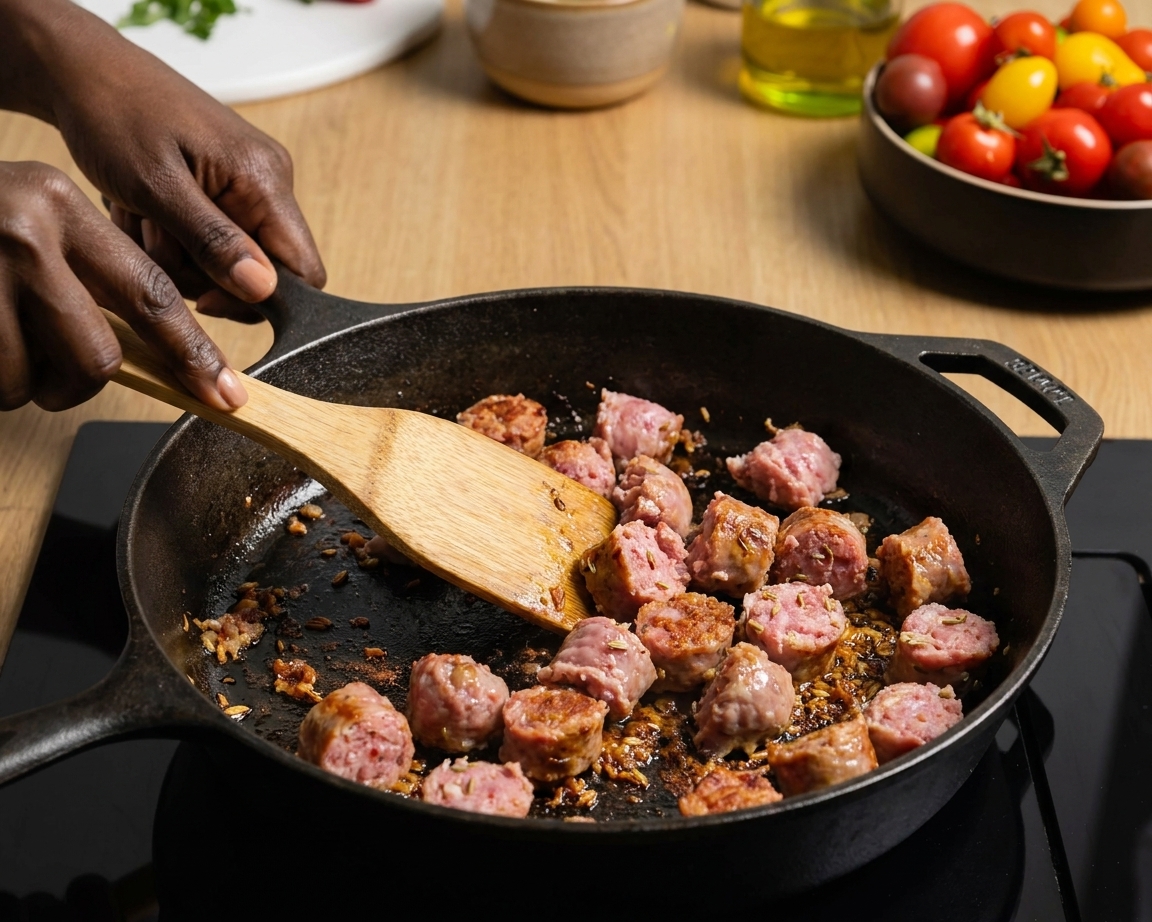 Italian sausage browning in a large skillet with caramelized bits forming on the bottom of the pan