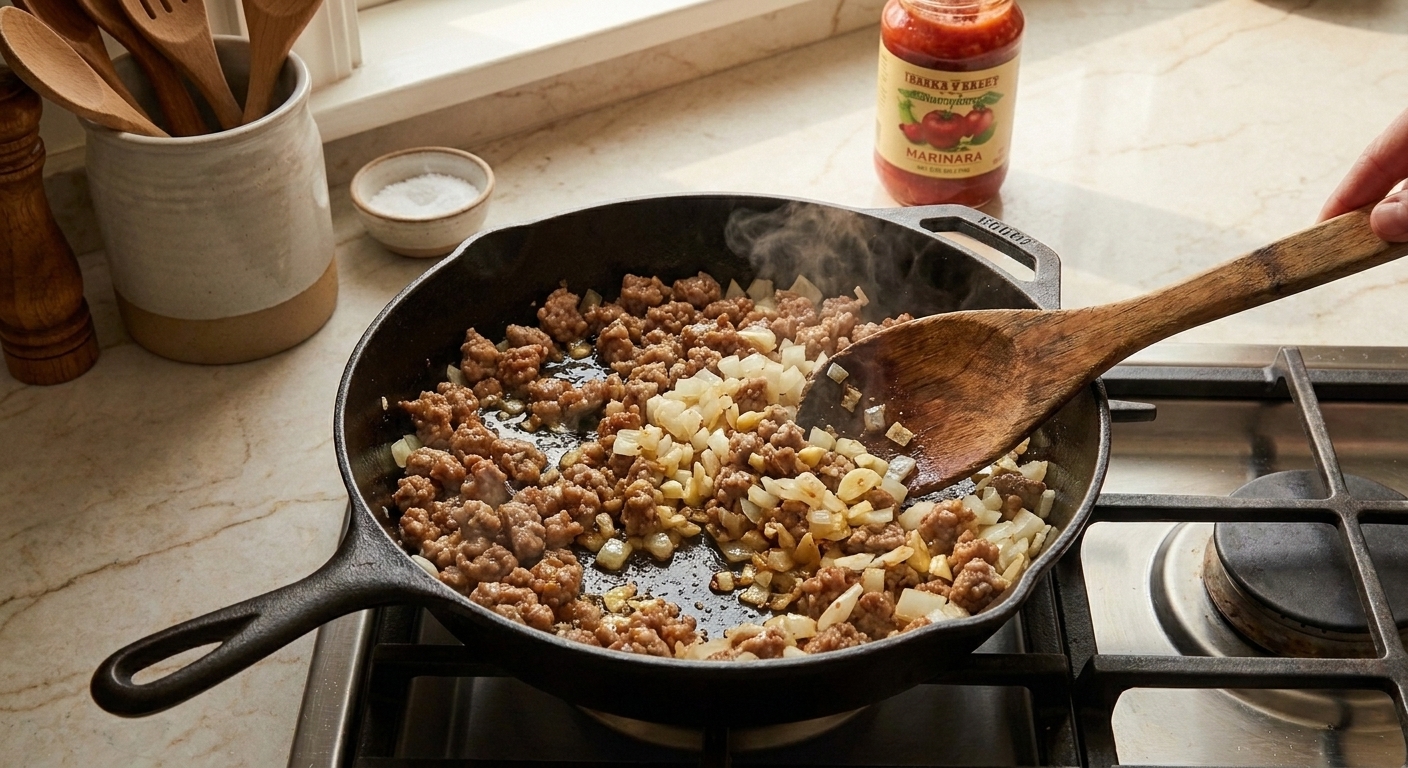 Italian sausage browning in a large skillet with diced onion and garlic, stirred with a wooden spoon on a stovetop