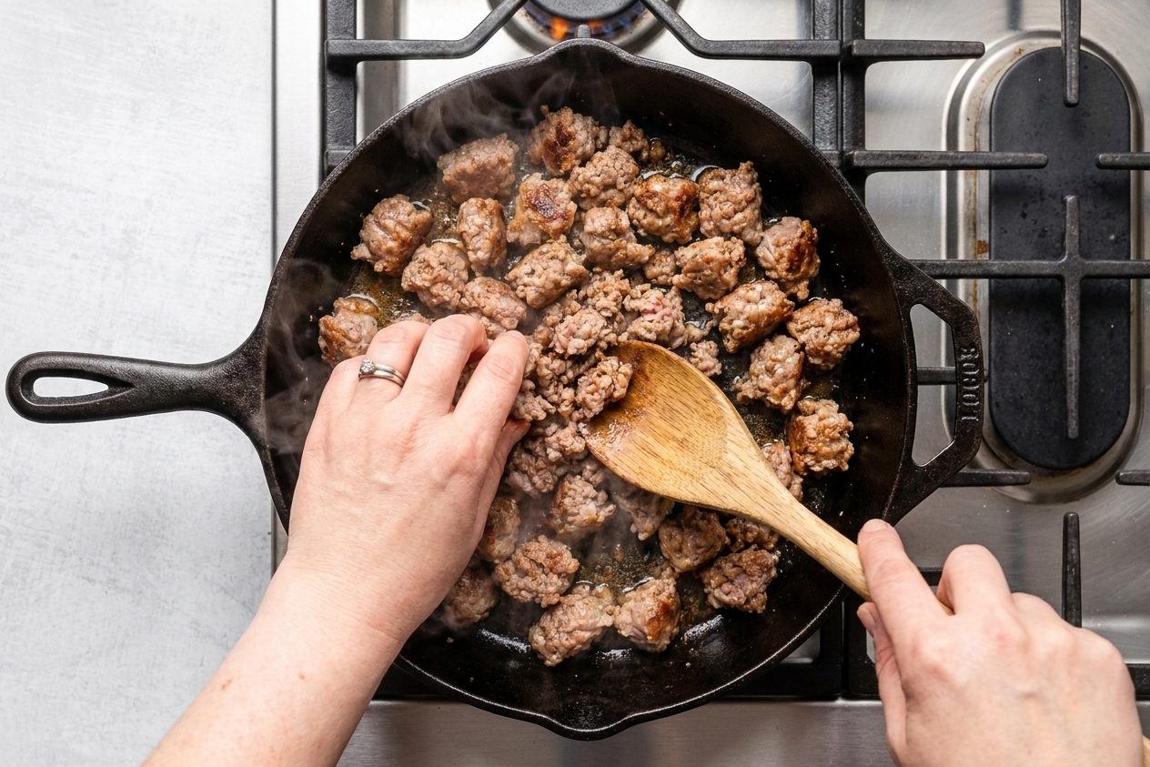 Italian sausage browning in a skillet on a stovetop with a wooden spoon breaking it into crumbles