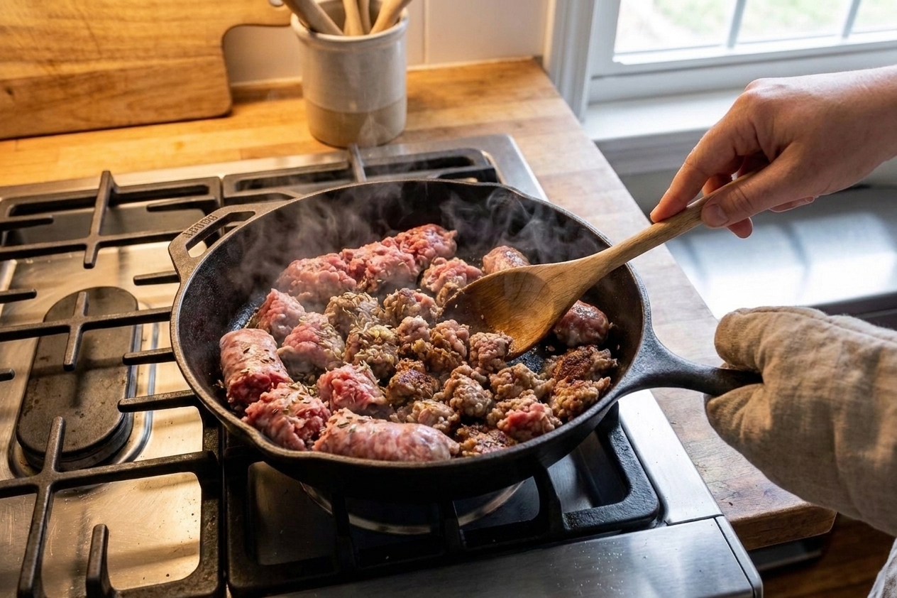 Italian sausage browning in a skillet with a wooden spoon breaking it into crumbles on a stovetop