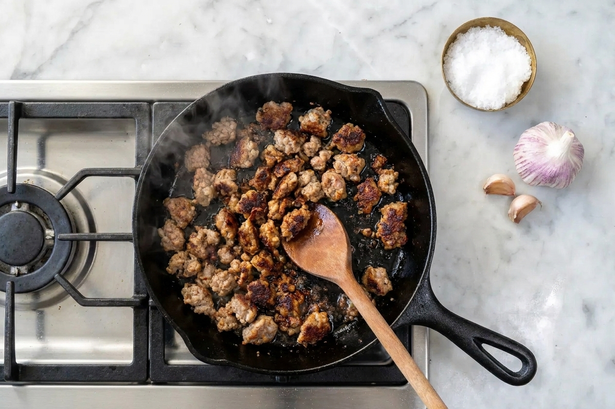 Italian sausage browning in a skillet with crisp edges forming on a stovetop