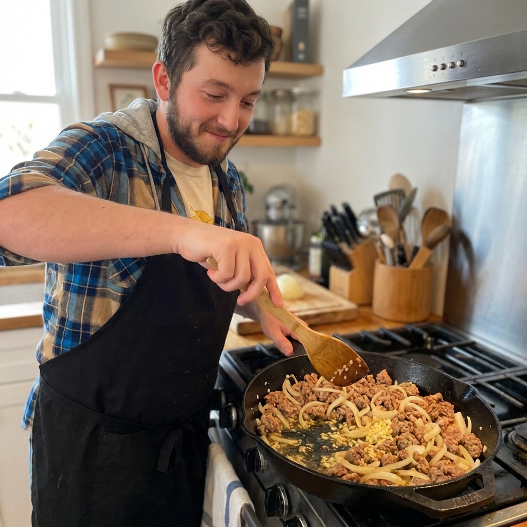 Italian sausage browning in a skillet with onions and garlic