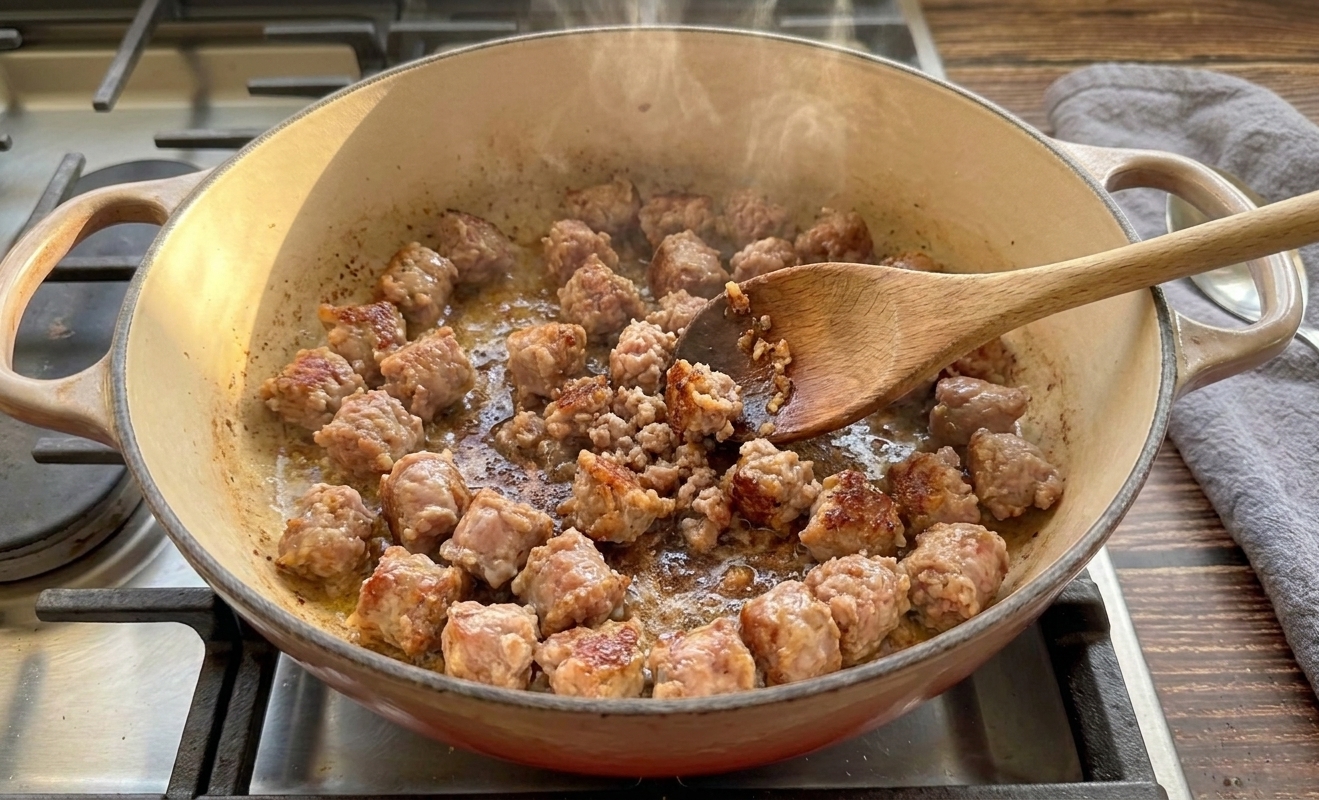 Italian sausage browning in a soup pot, being broken into small pieces with a wooden spoon