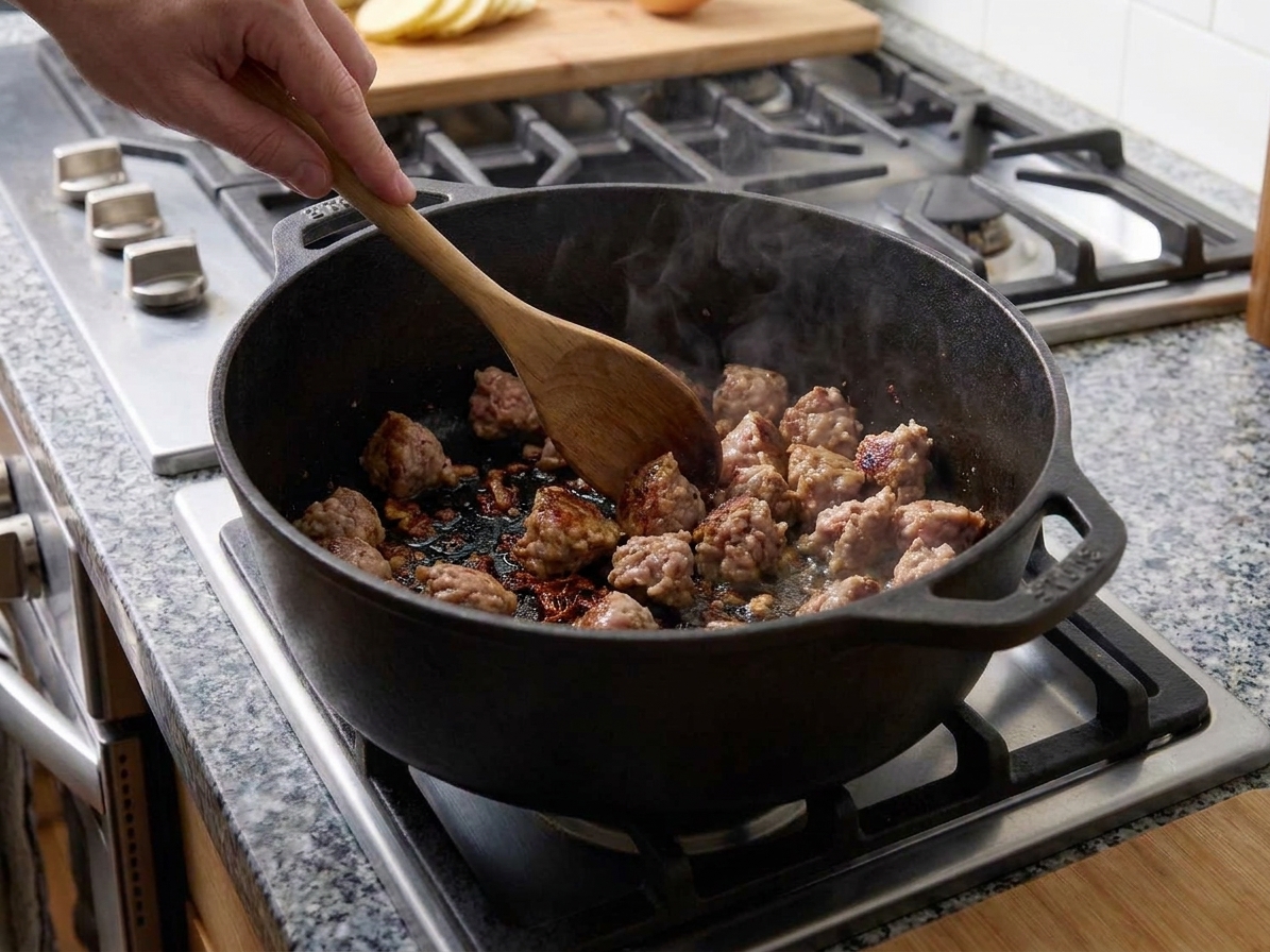 Italian sausage browning in a soup pot with caramelized bits on the bottom