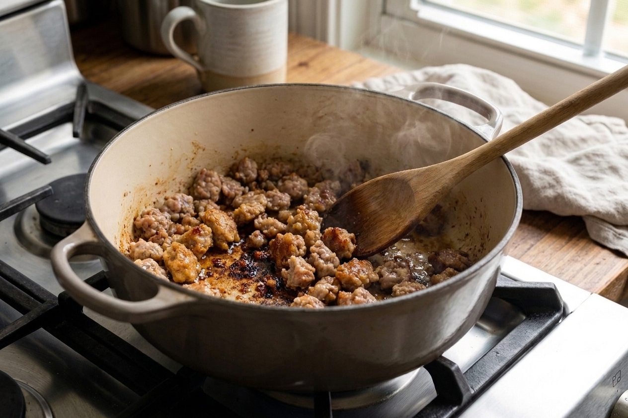 Italian sausage browning in a soup pot with caramelized bits forming on the bottom