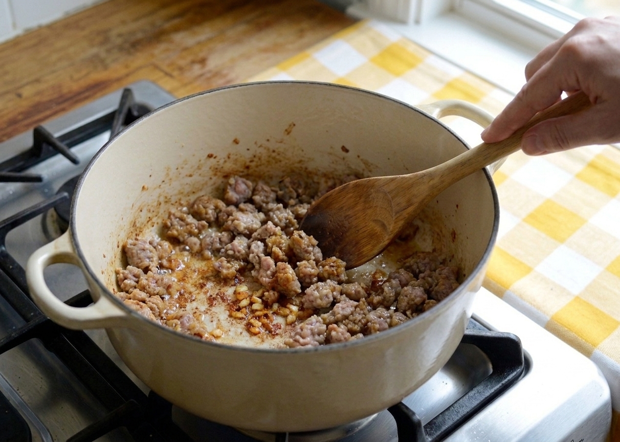Italian sausage browning in a soup pot with golden bits forming on the bottom