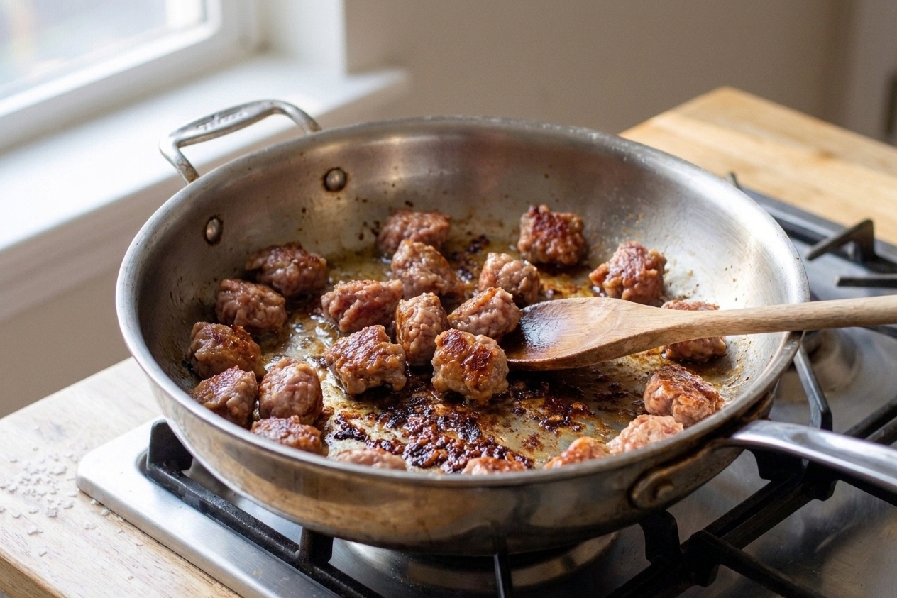 Italian sausage browning in a wide skillet with caramelized bits forming on the bottom