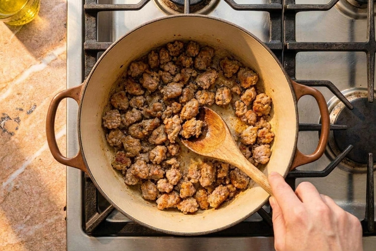 Italian sausage browning in crumbles in a heavy pot with a wooden spoon stirring on the stovetop