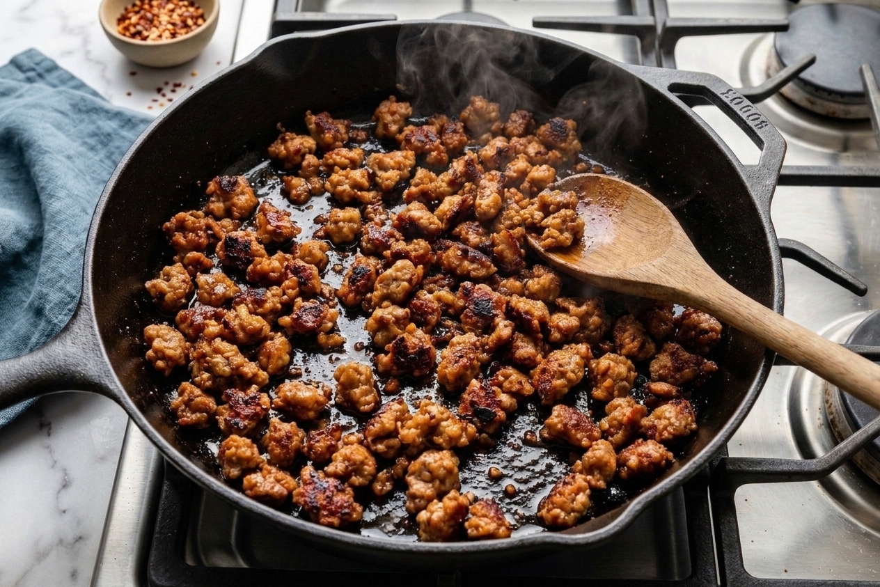 Italian sausage crumbled and browning in a skillet with crisp edges forming, on a home stove
