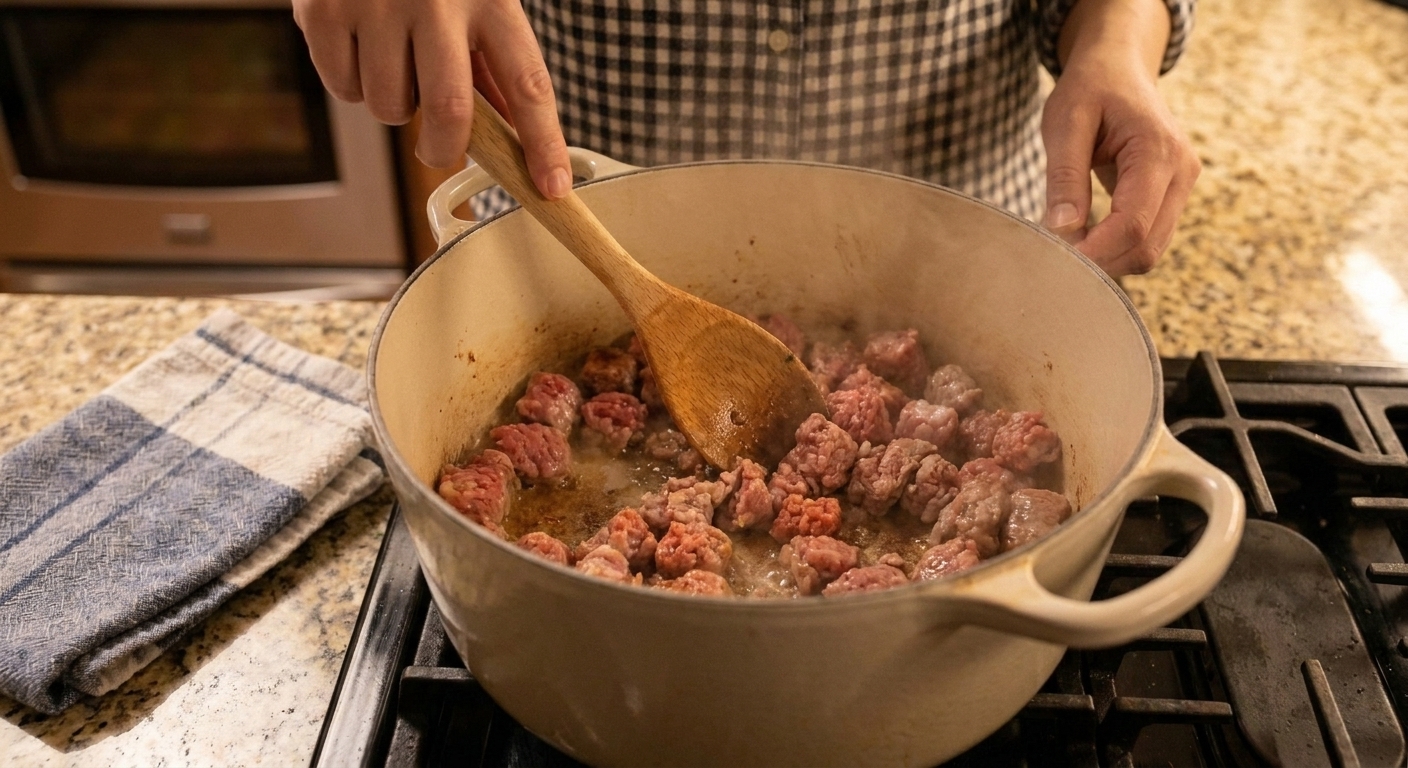 Italian sausage crumbles browning in a Dutch oven on a stovetop with a wooden spoon breaking it into pieces