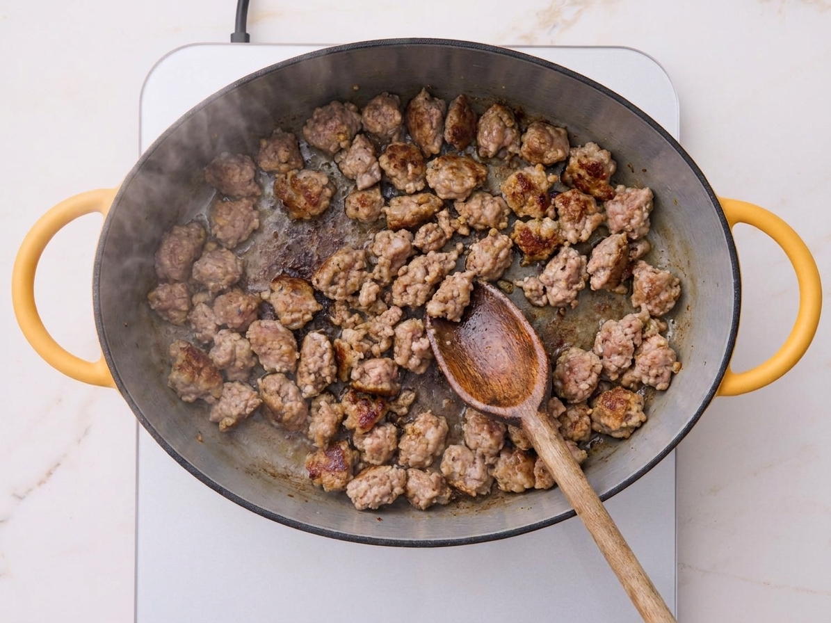 Italian sausage crumbles browning in a large Dutch oven on a stovetop with a wooden spoon