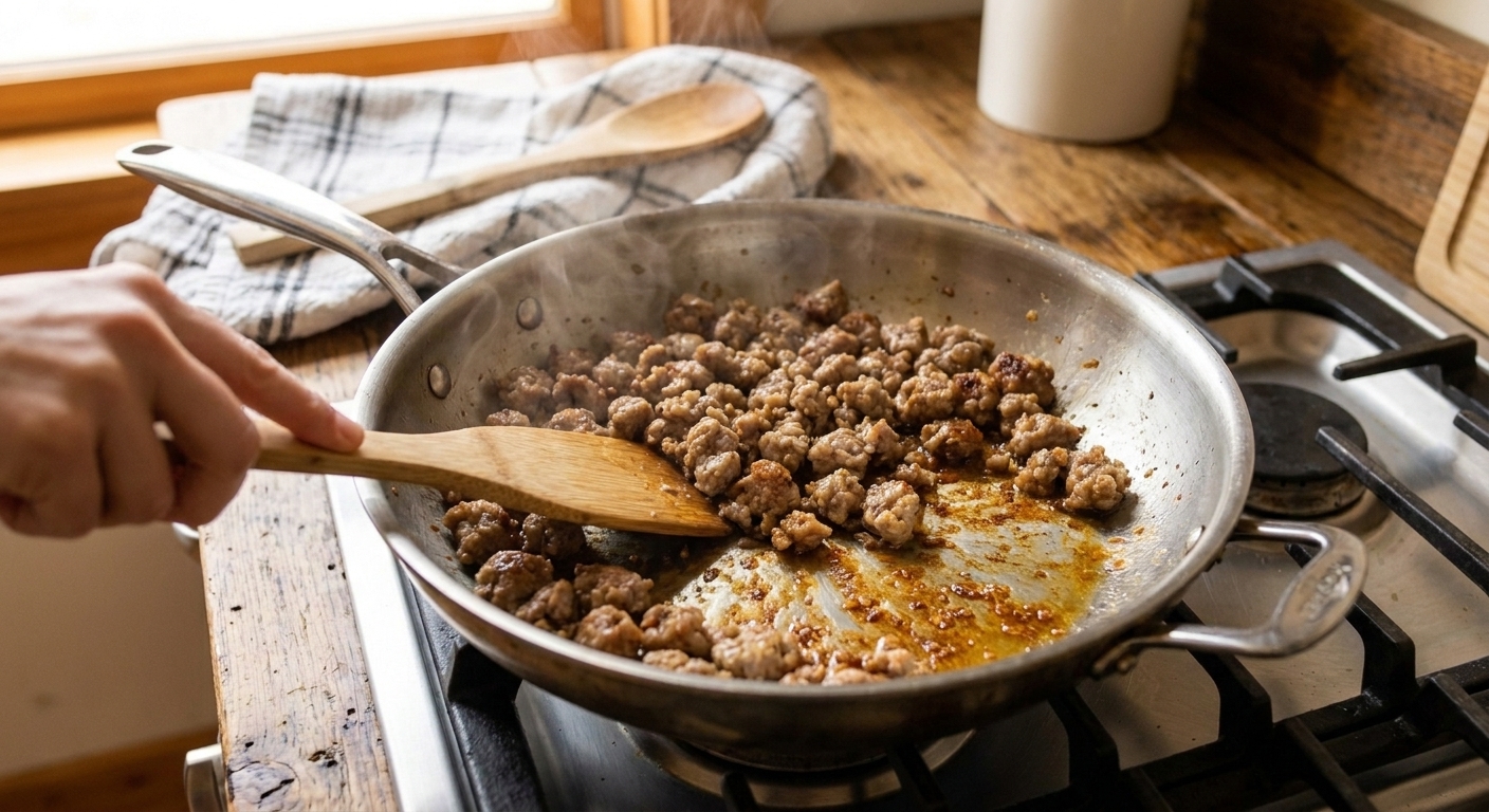 Italian sausage crumbles browning in a stainless steel skillet with golden fond on the bottom, photographed on a home stove