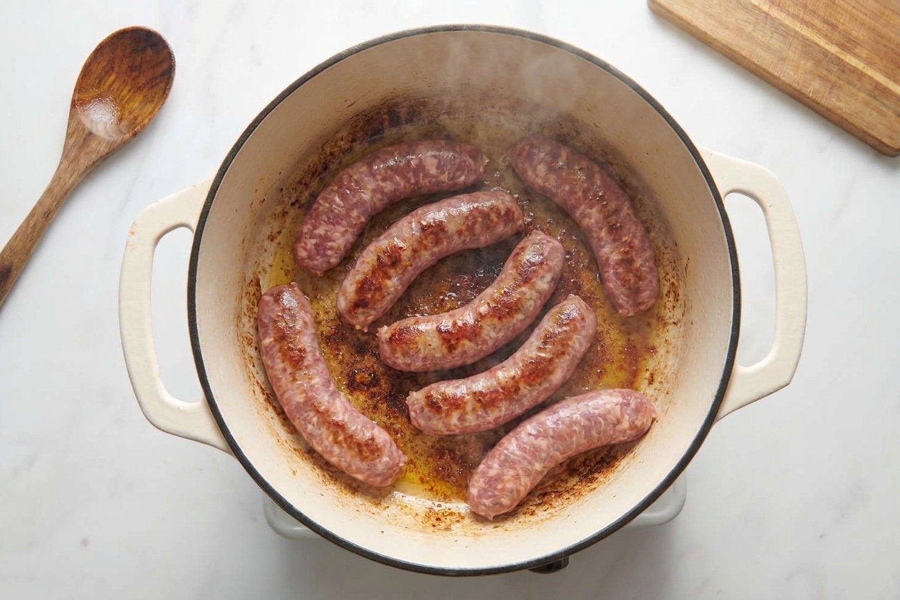 Italian sausage links browning in a Dutch oven with caramelized bits on the bottom