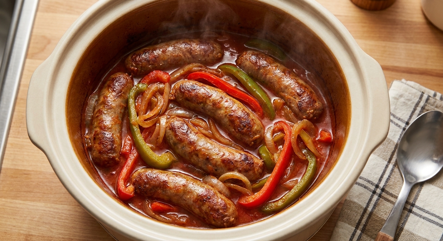 Italian sausage links nestled with sliced bell peppers and onions in a slow cooker, realistic food photography