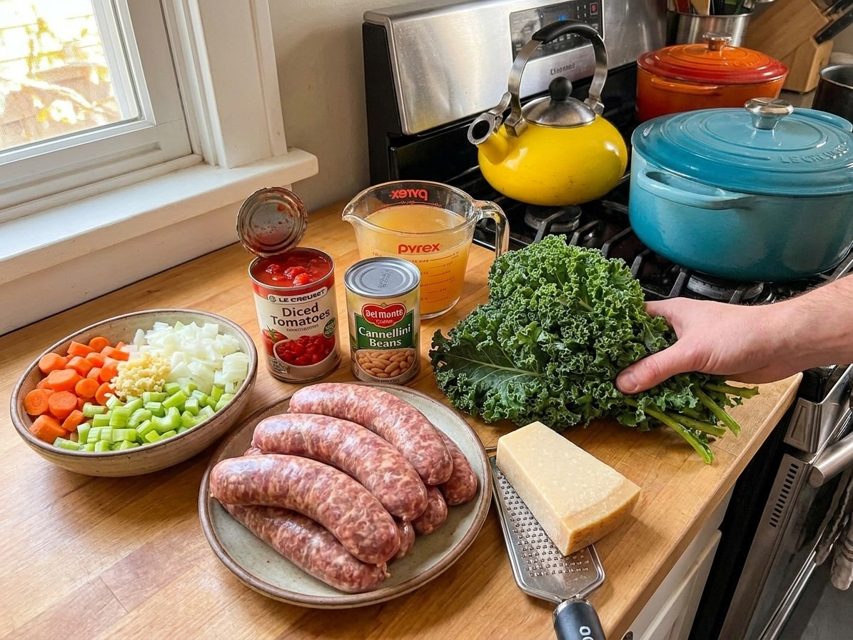 Italian sausage, onion, garlic, carrots, celery, canned tomatoes, cannellini beans, kale, chicken broth, and Parmesan arranged on a kitchen counter with warm natural light