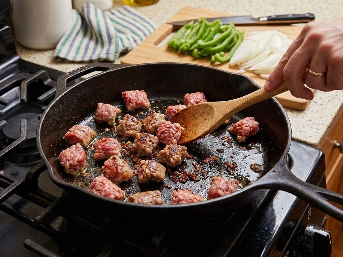 Italian sausage pieces browning in a hot skillet with caramelized bits forming on the bottom