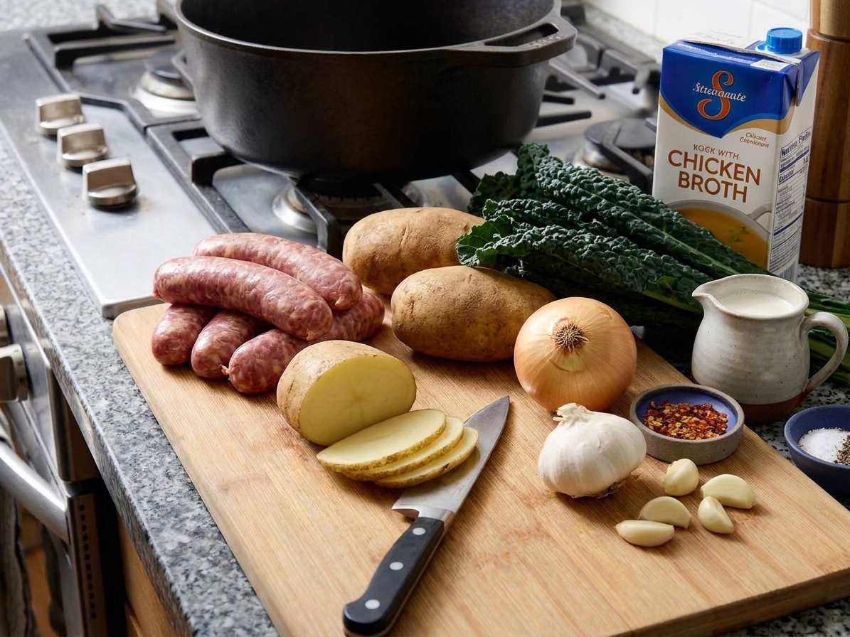 Italian sausage, russet potatoes, kale, onion, garlic, chicken broth, cream, and seasonings arranged on a bright kitchen counter