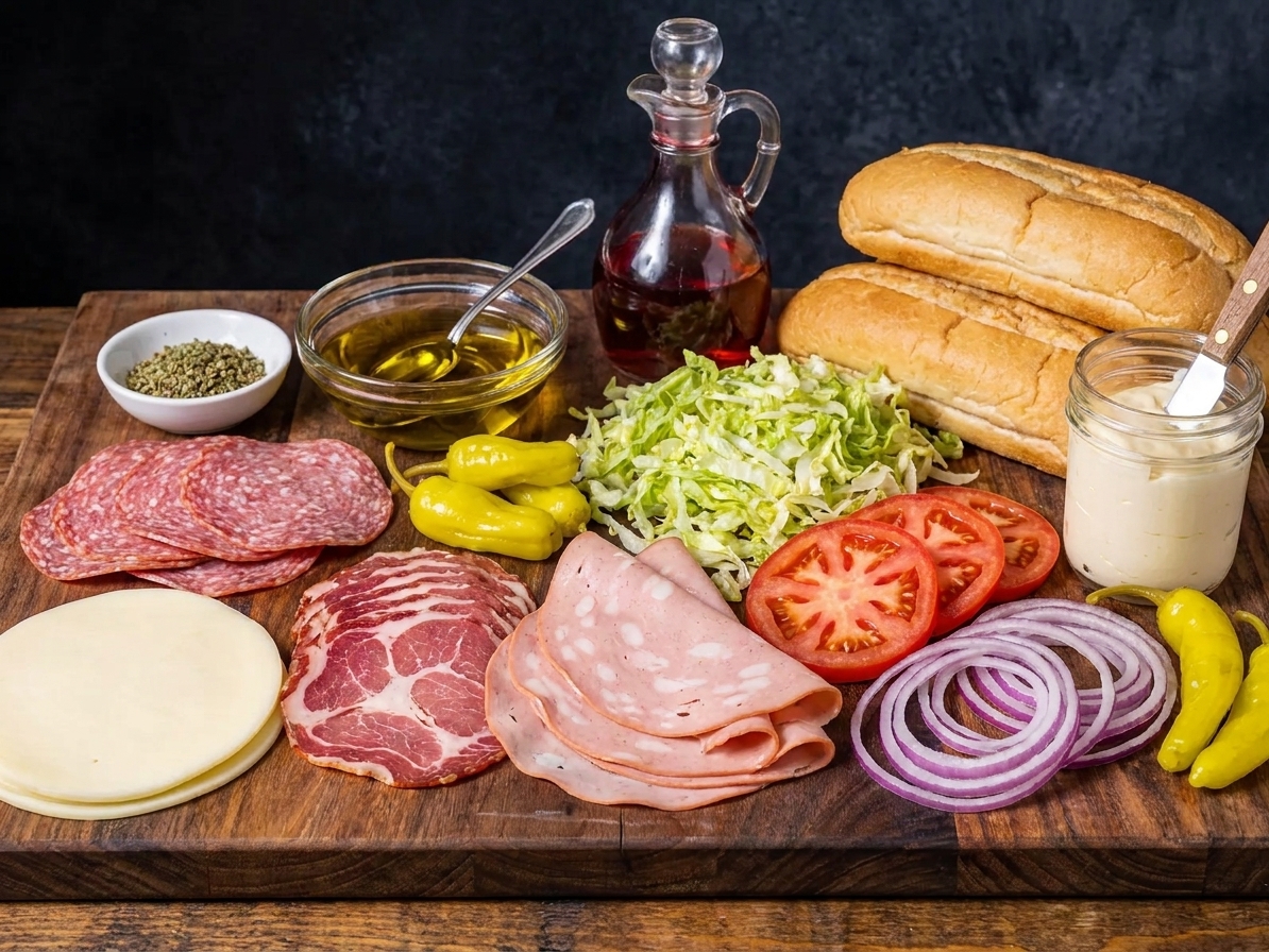 Italian sub ingredients arranged on a kitchen counter, including sub rolls, sliced salami, capicola, mortadella, provolone, shredded lettuce, tomatoes, red onion, banana peppers, oregano, olive oil, red wine vinegar, and mayonnaise