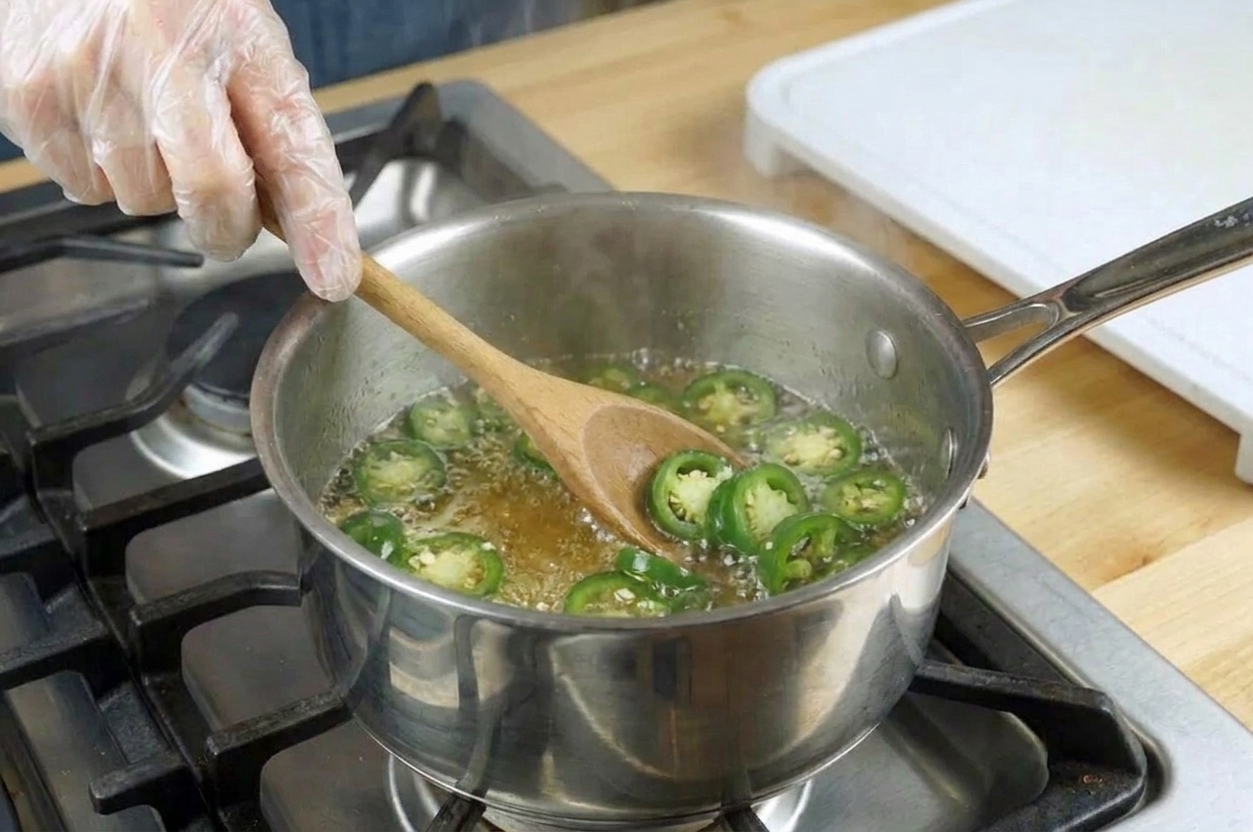 Jalapeño rings simmering in a golden syrup inside a saucepan on the stove, steam rising gently
