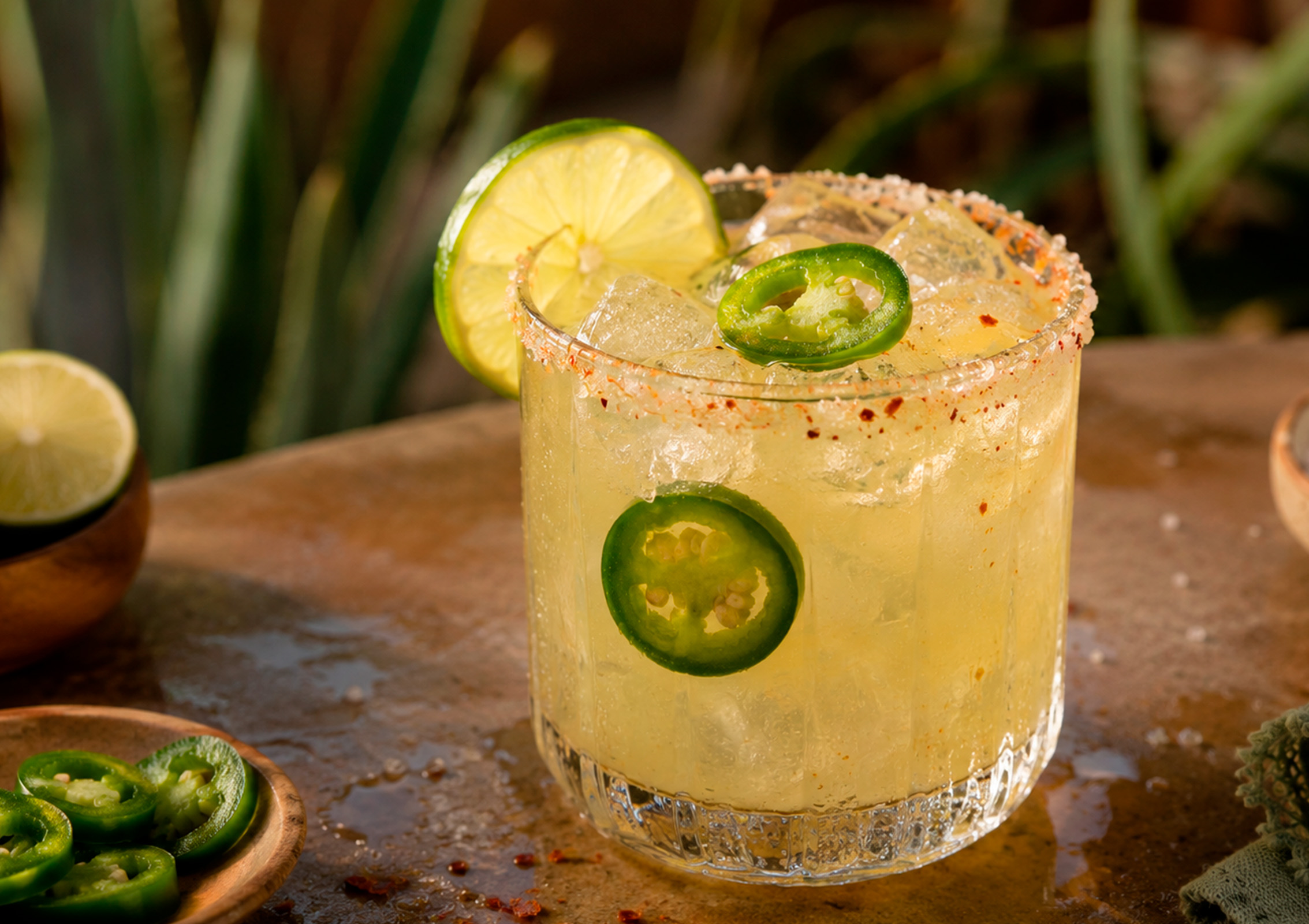 Jalapeño slices being gently muddled with lime juice and agave in a highball glass on a kitchen counter