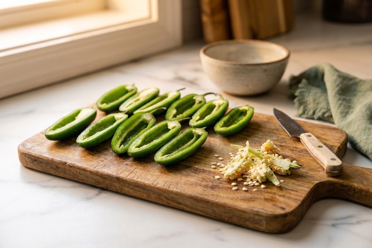 Jalapeños halved lengthwise and deseeded on a wooden cutting board beside a small pile of removed membranes, kitchen prep scene with warm lighting