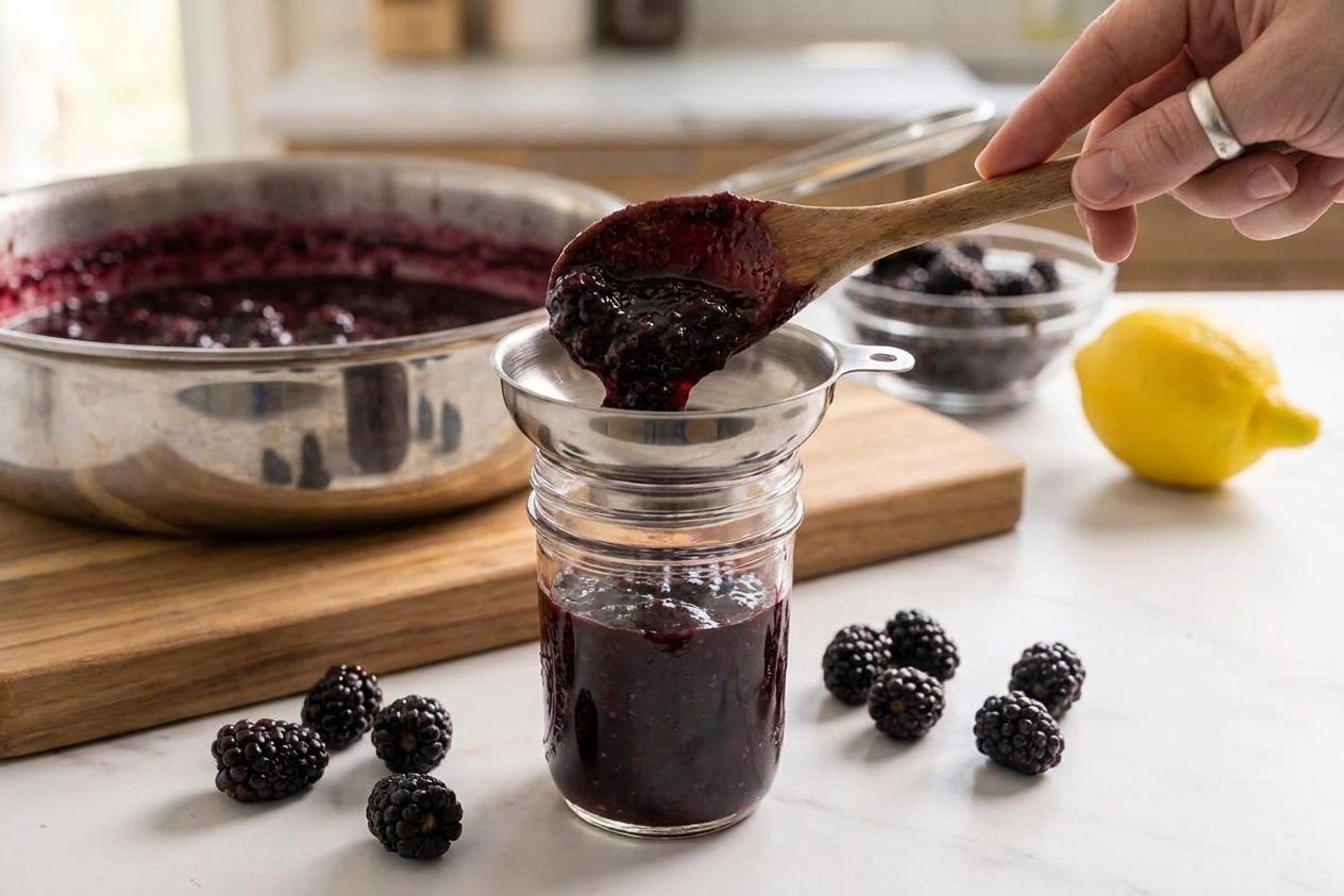 Jam being spooned into a clean glass jar on a kitchen counter, with a small funnel and fresh berries nearby