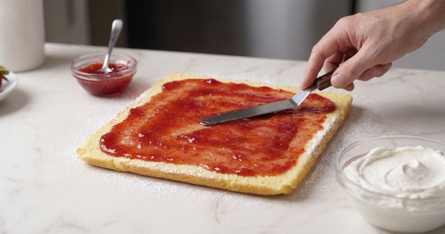 Jam being spread in a thin, even layer over an unrolled sponge cake before adding whipped cream