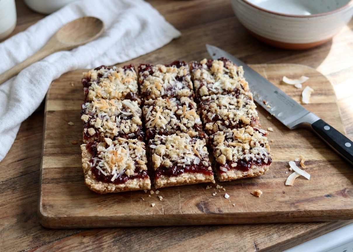 Jam, chocolate, and coconut bars sliced into even squares on a cutting board with visible layers