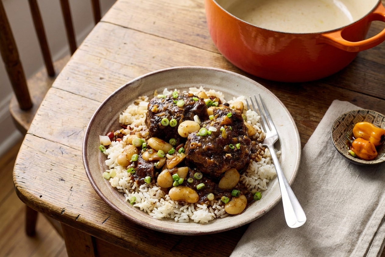 Jamaican oxtail stew spooned over white rice on a plate with butter beans and chopped scallions, set on a simple dinner table