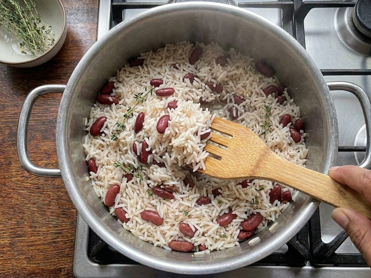 Jamaican rice and peas fluffed in the pot, showing separate grains and red kidney beans.