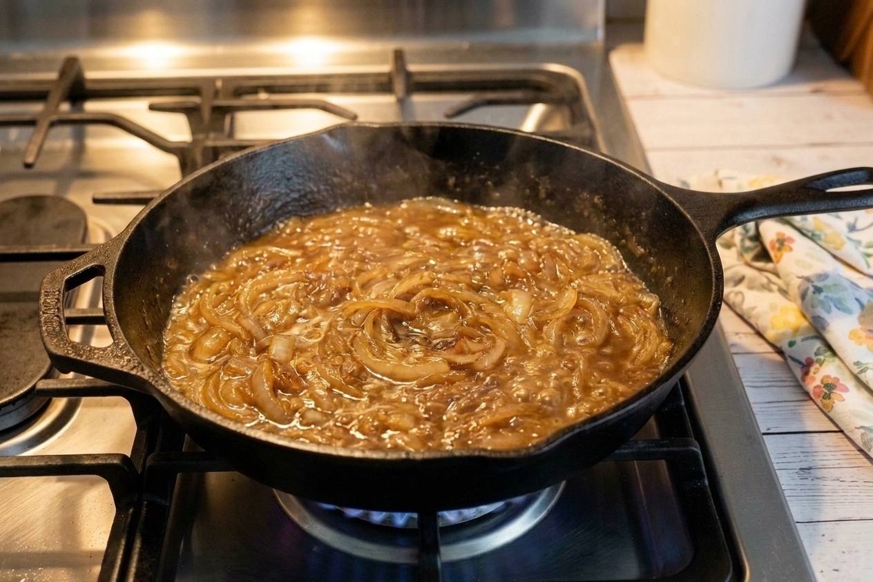 Jammy onions reducing in a skillet as the beer simmers down, turning glossy and golden