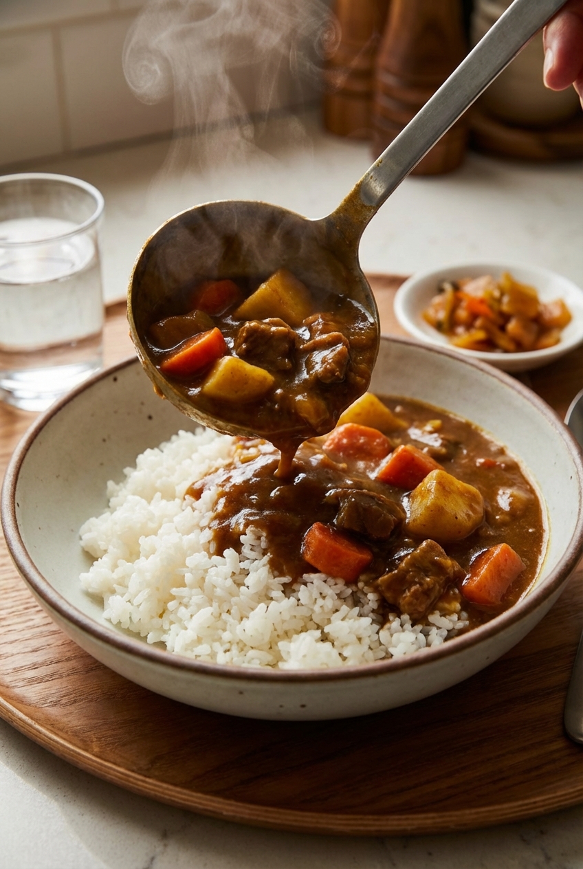 Japanese curry being ladled over steamed rice in a bowl