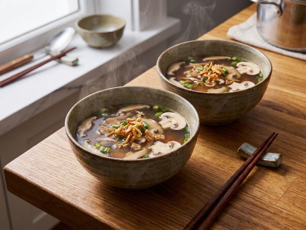 Japanese steakhouse clear soup ladled into small bowls with mushrooms in the broth, topped with sliced scallions and crispy fried onions