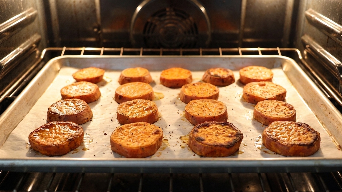 Japanese sweet potato rounds roasting on a parchment-lined sheet pan in a home oven with edges beginning to caramelize