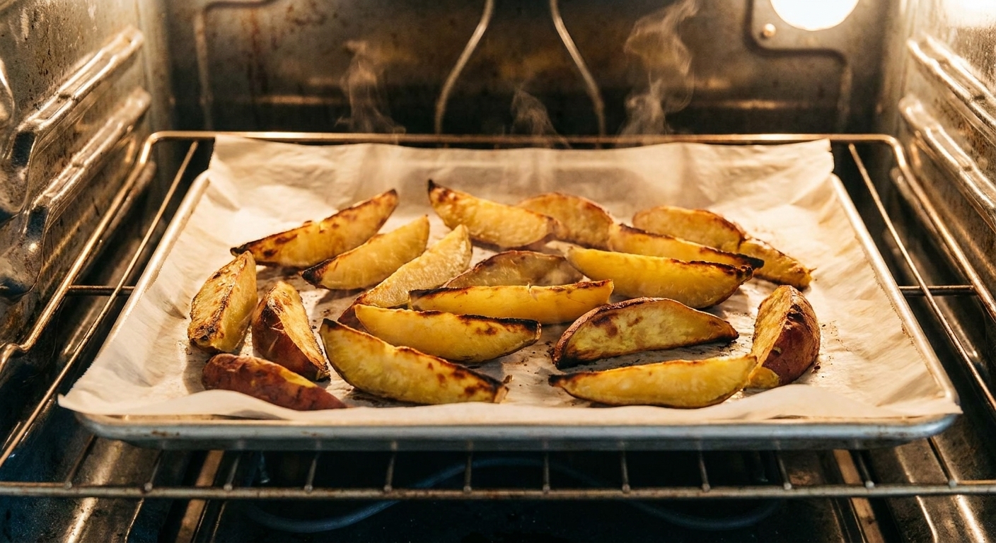 Japanese sweet potato wedges roasting on a parchment-lined sheet pan in a home oven with golden browned edges