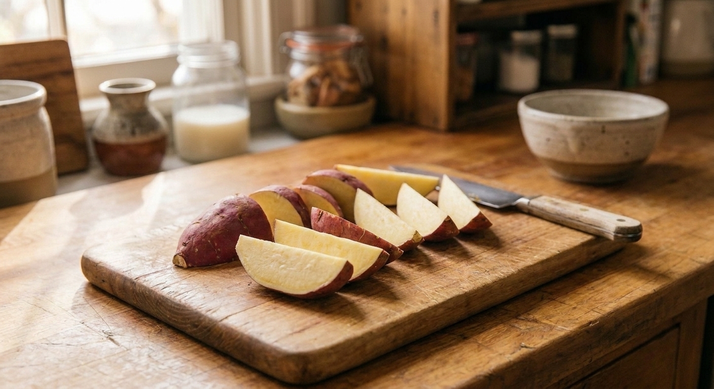 Japanese sweet potatoes cut into evenly sized wedges on a wooden cutting board on a bright kitchen counter