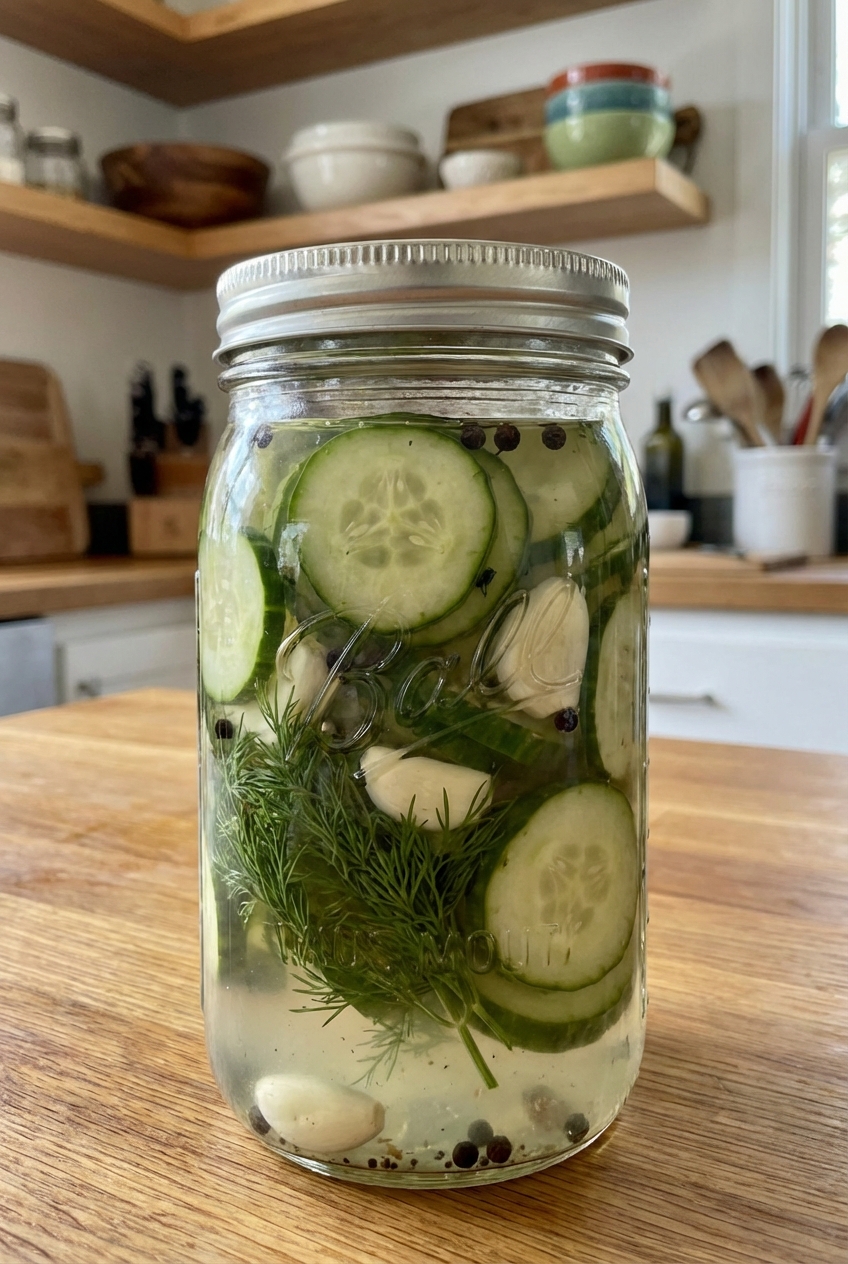 Jar of quick pickled cucumber slices with dill and peppercorns