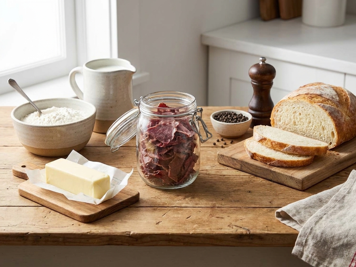 Jarred dried beef, butter, flour, milk, black pepper, and bread arranged on a bright kitchen counter, ready to cook