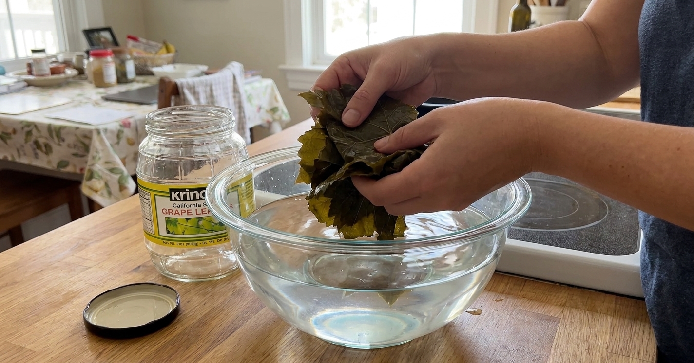 Jarred grape leaves being rinsed in a large bowl of cool water on a kitchen counter