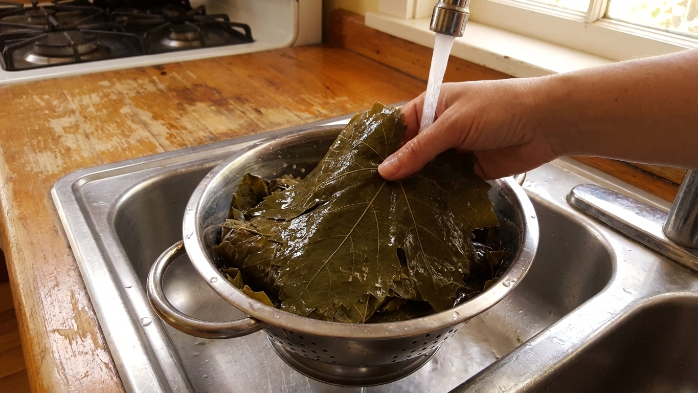 Jarred grape leaves being rinsed under running water in a metal colander in a home kitchen sink