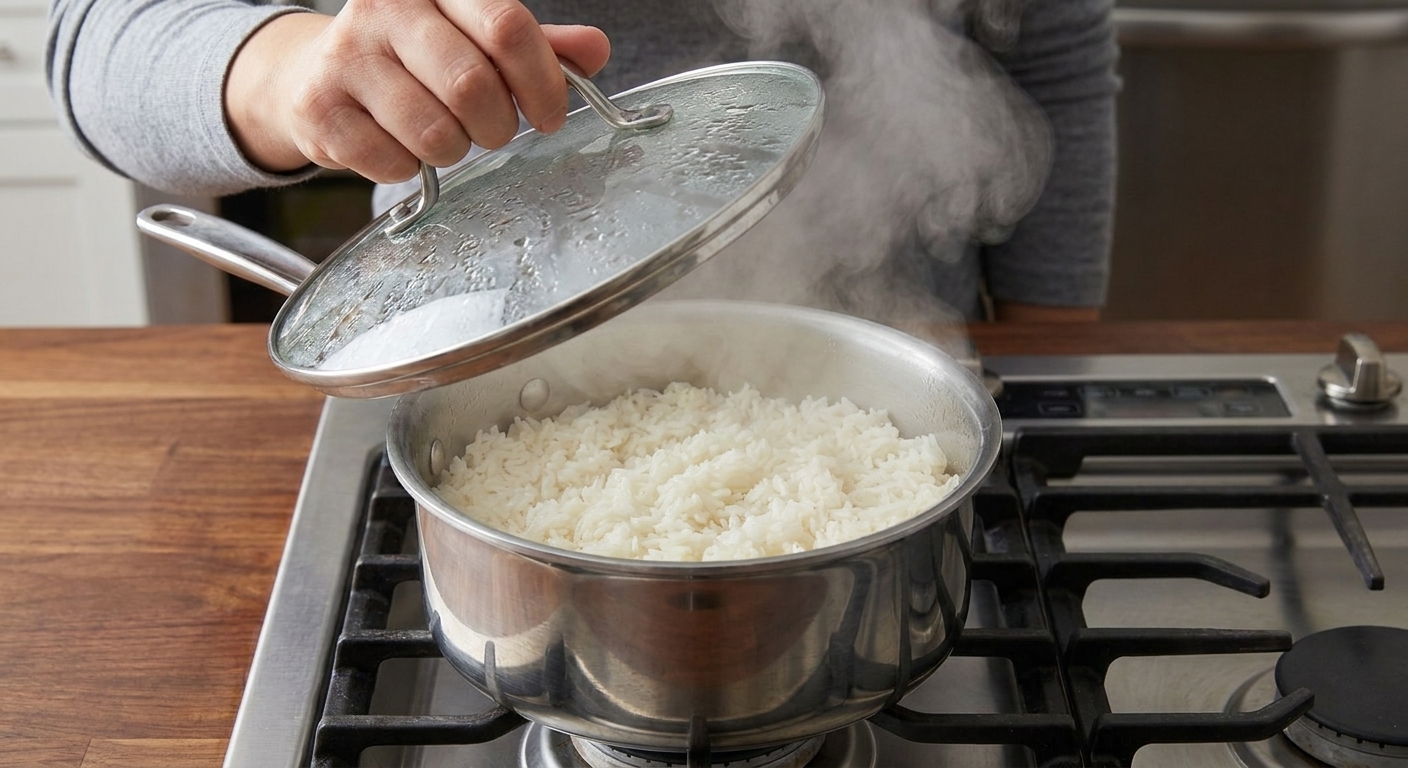 Jasmine rice simmering in a covered saucepan on a stove with steam rising as the lid is lifted